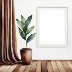 Plant against a white wall mockup. White wall mockup with brown curtain, plant and wood floor.