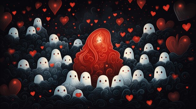  a painting of a red haired woman surrounded by white ghost in a field of heart - shaped red and black hearts with a star in the sky above her head.  generative ai