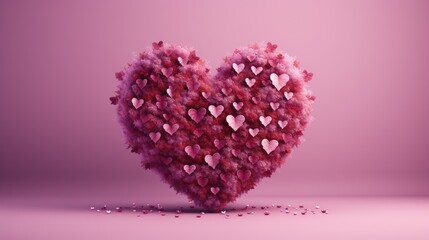  a heart - shaped arrangement of pink hearts on a pink background with scattered confetti hearts in the shape of a heart on the left side of the image.  generative ai
