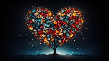  a heart shaped tree with lots of balloons in the shape of a heart on a dark blue background with trees and lights in the dark sky in the foreground.  generative ai