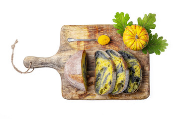 Homemade crusty sourdough bread oven baked made with wheat, activated carbon, pumpkin and curcuma...