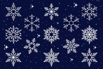 Snowflakes isolated collection, white snow on dark background, winter set, vector illustration.