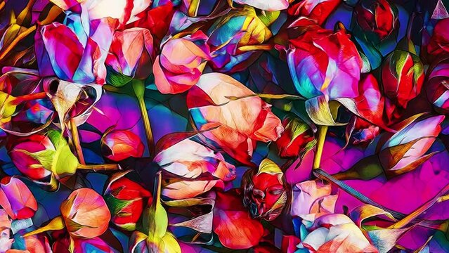 Background with beautiful color roses. Painting effect. Loop Animation.