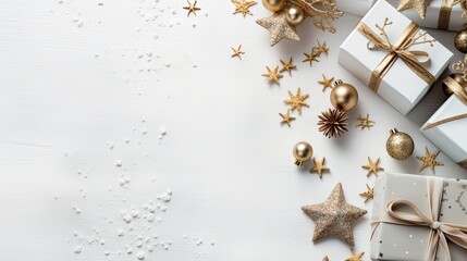  a white table topped with lots of gold and silver christmas ornaments and wrapped presents on top of a white table with gold and silver stars on top of the table.  generative ai