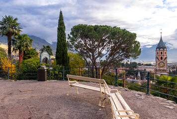 View to Cathedral Saint Nikolaus of Merano, South tyrol, Italy seen from famous hiking trail Tappeinerweg