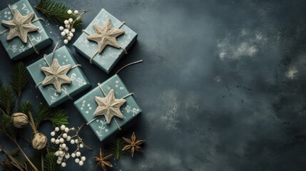  a group of christmas presents sitting on top of a table next to pine cones and other christmas decorations on top of a blue surface with white stars and snowflakes.  generative ai