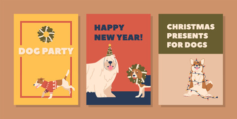 Festive Banners Featuring Adorable Christmas Dogs In Funny Hats, Wreaths And Garland, Spreading Holiday Cheer And Warmth