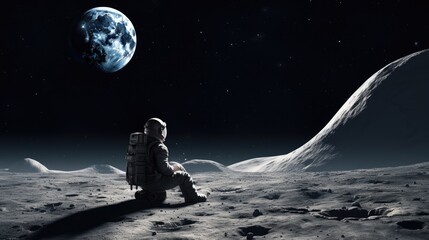 Astronaut near the moon rover on the moon. With land on the horizon