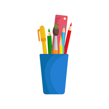 Bright colored Home and office stationery. Pencils, brushes, ruler in stand, isolated on white background. Pencil stand for website design, logo, ui. Vector illustration in flat style	