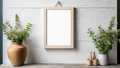 Light wood thin rectangular vertical frame hanging on a white textured wall mockup - obrazy, fototapety, plakaty