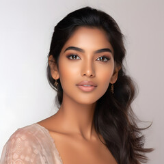 indian young woman on a white. the model looks into the camera. clean, excellent skin, bright eyes.