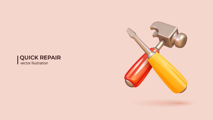 3d Repair Concept. Realistic 3d design of Wrench and Screwdriver in cartoon minimal style. 3D Vector illustration