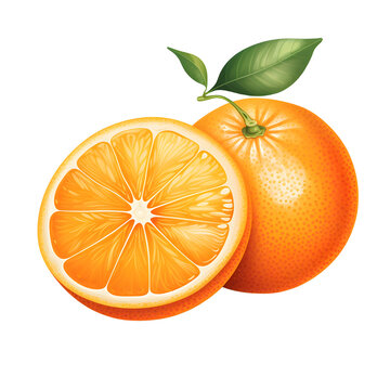 Illustration of a whole and sliced orange with a vibrant leaf, on a transparent background, depicting freshness and health.
