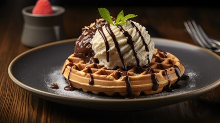  a waffle with a scoop of ice cream and chocolate drizzled on top on a plate with a fork and a cup of ice cream in the background.  generative ai