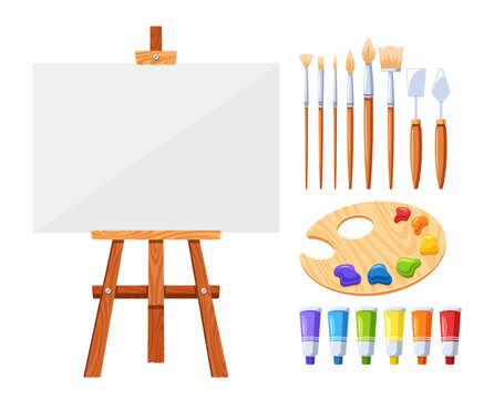 An Artist Items Set Includes Brushes, Knives, Paints, Canvas, Palette, And Easel, Serving As The Essential Tools