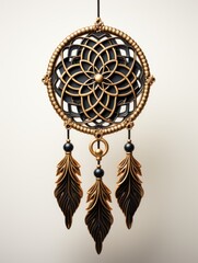 A black and gold dream catcher hanging on a wall - obrazy, fototapety, plakaty