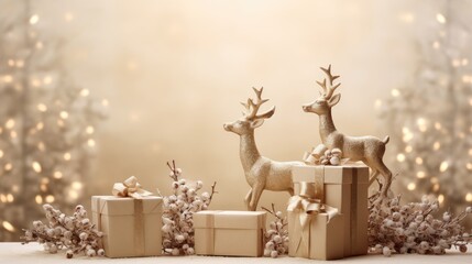  a couple of deer figurines sitting on top of gift boxes in front of a christmas tree with lights in the background and a snow covered area behind them.  generative ai