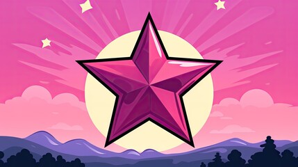  a pink star in the middle of a pink sky with mountains in the background and a full moon in the sky in the middle of the middle of the background.  generative ai