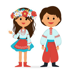 Funny boy and girl in national costumes isolated on white background. Welcome to Ukraine. Two colorful cartoon characters. Crazy vector flat illustration