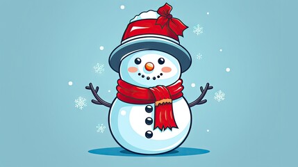  a snowman wearing a red hat and scarf with a red scarf around his neck and a red scarf around his neck, on a blue background with snowflakes and snowflakes.  generative ai