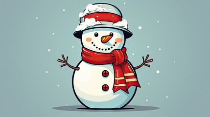  a snowman wearing a red scarf and a red hat is standing in front of a light blue background with snowflakes on its head and arms and legs.  generative ai