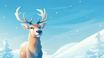  a digital painting of a deer in a snowy landscape with snow falling on the ground and trees in the foreground, with a blue sky background with white snow.  generative ai