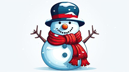  a snowman wearing a red scarf and a blue hat with a red pom - pom on it's head and a red scarf around his neck.  generative ai