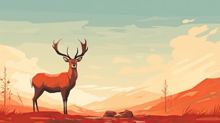  a painting of a deer standing in the middle of a field with rocks and trees in the foreground and a sky with clouds and a few clouds in the background.  generative ai