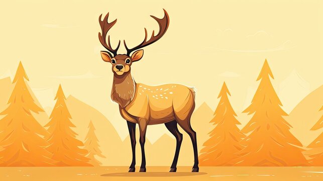  a deer standing in the middle of a forest with pine trees on the other side of the picture, with a yellow sky in the background and a few clouds in the foreground.  generative ai