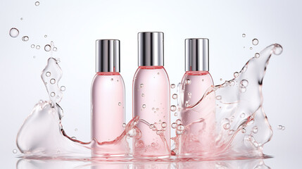 bubbles around three bottles against a white background graphic element or symbol for refreshment and rejuvenation in the wellness and cosmetics industry advertising - obrazy, fototapety, plakaty