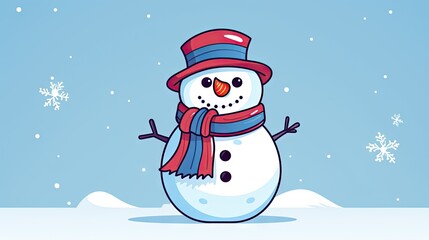  a snowman wearing a red and blue scarf and a red and blue hat and a red and blue scarf and a blue background with snowflakes and snowflakes.  generative ai