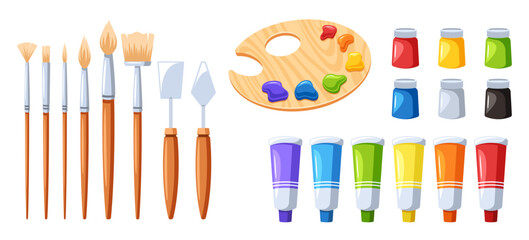 Vibrant Paint Tubes, Assorted Brushes Poised, A Color-loaded Palette, And Palette Knives For Creative Mastery