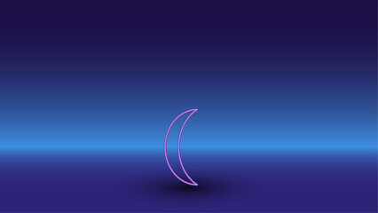 Neon crescent symbol on a gradient blue background. The isolated symbol is located in the bottom center. Gradient blue with light blue skyline © Alexey