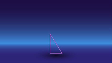 Neon right triangle symbol on a gradient blue background. The isolated symbol is located in the bottom center. Gradient blue with light blue skyline