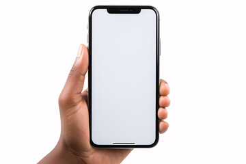 A high-quality studio shot of a woman's hand holding a contemporary frameless black smartphone mockup with a blank white screen is isolated on white.