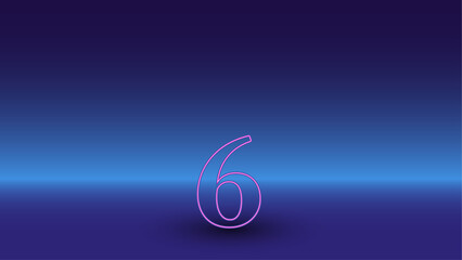 Neon number six symbol on a gradient blue background. The isolated symbol is located in the bottom center. Gradient blue with light blue skyline