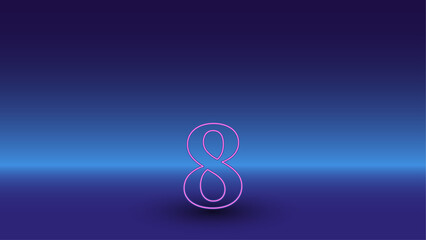 Neon number eight symbol on a gradient blue background. The isolated symbol is located in the bottom center. Gradient blue with light blue skyline