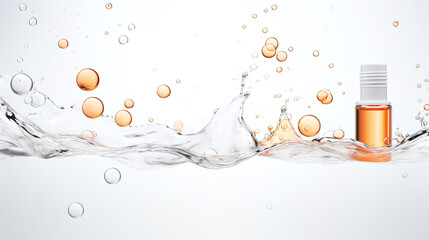 transparent orange water bubbles an a bottle swim in  against a white background graphic element or symbol for refreshment and rejuvenation in the wellness and cosmetics industry advertising - obrazy, fototapety, plakaty