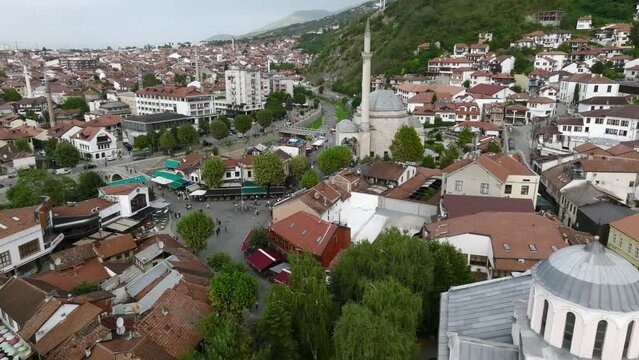 Aerial Cityscape of the historic town Prizren in Kosovo, Europe. Old Capital at cloudy weather