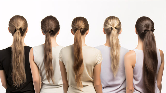 A female with various ponytail styles stands in an insular white milieu.
