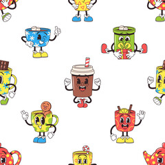 Seamless Pattern Featuring Retro Cartoon Mug Characters In Various Expressions And Colors, Cartoon Vector Tile