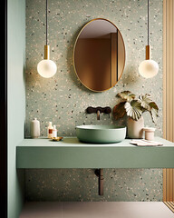 Green stone round vessel sink on counter on terrazzo wall with oval mirror and pendant lights. Minimalist interior design of modern bathroom.