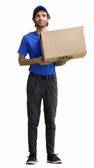 full-length male courier holding a box on a white background