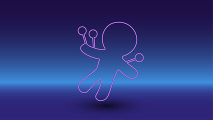Neon Voodoo Doll symbol on a gradient blue background. The isolated symbol is located in the bottom center. Gradient blue with light blue skyline