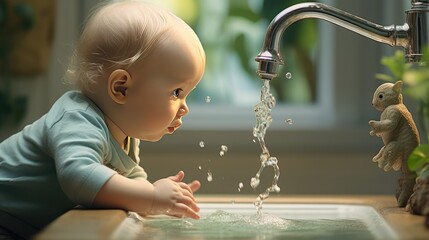 Cute baby playing with water tap in bathroom - obrazy, fototapety, plakaty