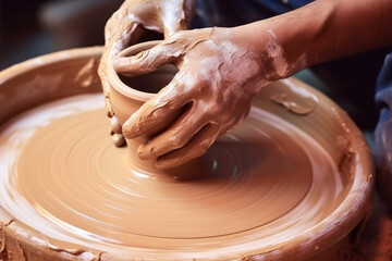 Creating clay works of art using the potter's wheel, isolated on a white backdrop.