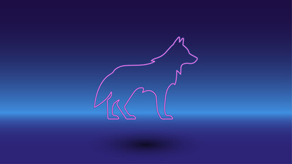 Fototapeta premium Neon wolf symbol on a gradient blue background. The isolated symbol is located in the bottom center. Gradient blue with light blue skyline