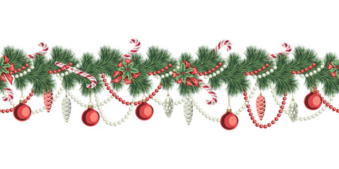Christmas fir branch, candy cane, ball and toy garland. New year decoration.