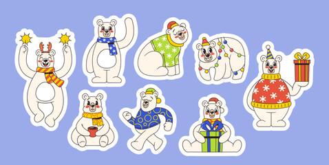Set of Cartoon Retro-style Christmas Stickers Feature Adorable Polar Bears In Festive Attire, Spreading Holiday Cheer