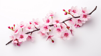 A solitary sakura tree branch, adorned with rosy blooms, set against a pristine backdrop.